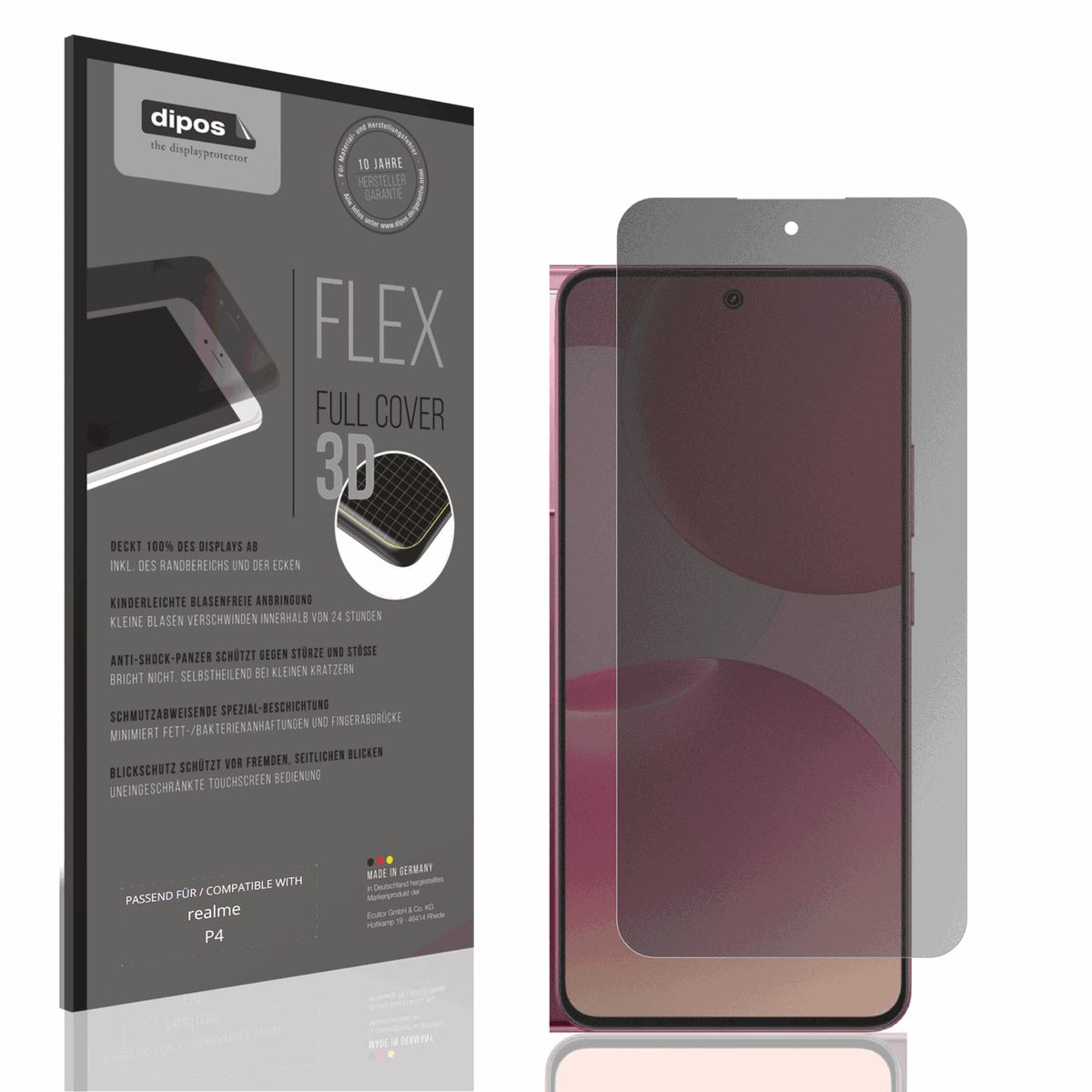 Blickschutzfolie von dipos passend für realme P4, 100% Displayabdeckung und blasenfreie Montage