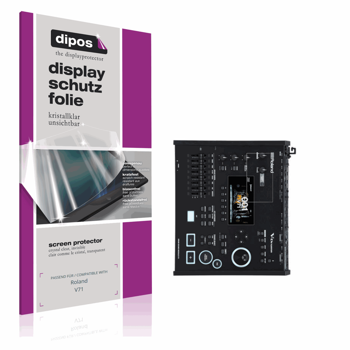 Klare Displayschutzfolie von dipos passend für Roland V71, präziser Zuschnitt und blasenfrei montiert
