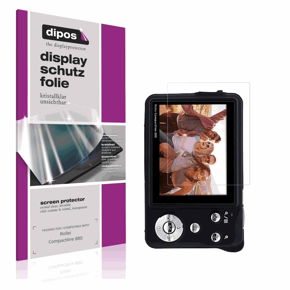 Klare Displayschutzfolie von dipos passend für Rollei Compactline 880, präziser Zuschnitt und blasenfrei montiert