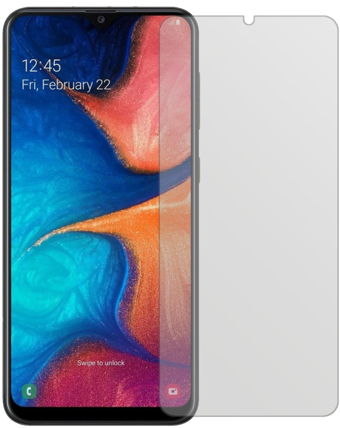 SamsungGalaxy A20 mit aufgebrachter dipos Displayschutzfolie, die lästige Fingerabdrücke minimiert