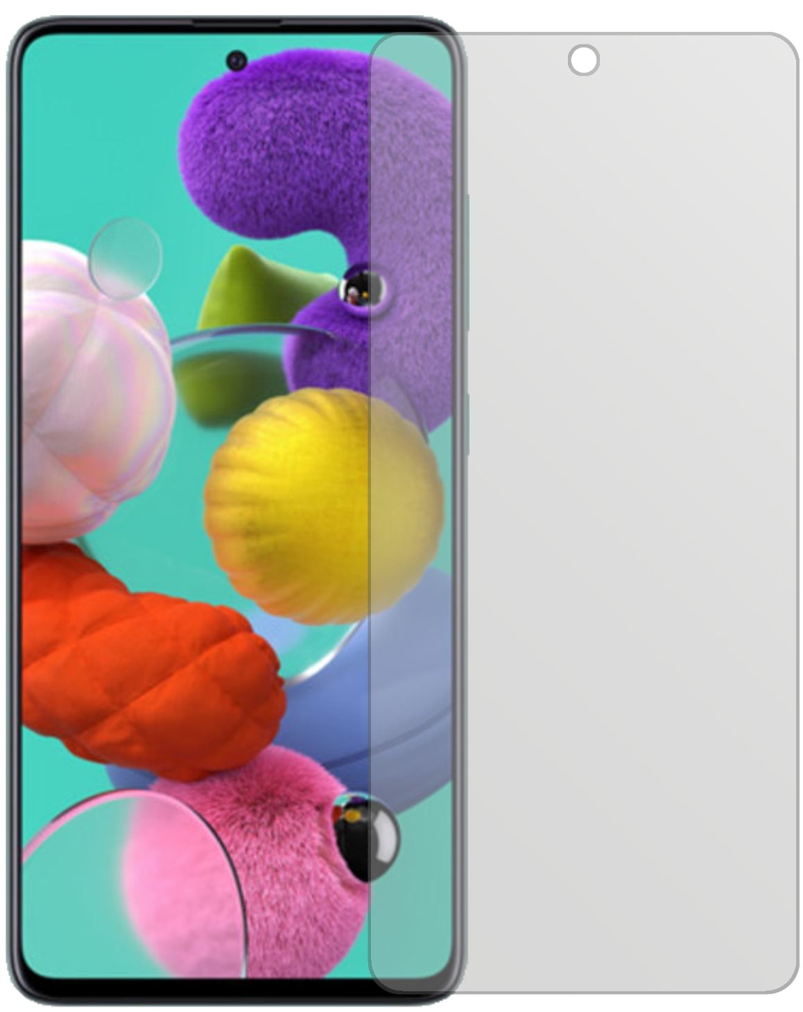 SamsungGalaxy A51 5G mit aufgebrachter dipos Displayschutzfolie, die lästige Fingerabdrücke minimiert