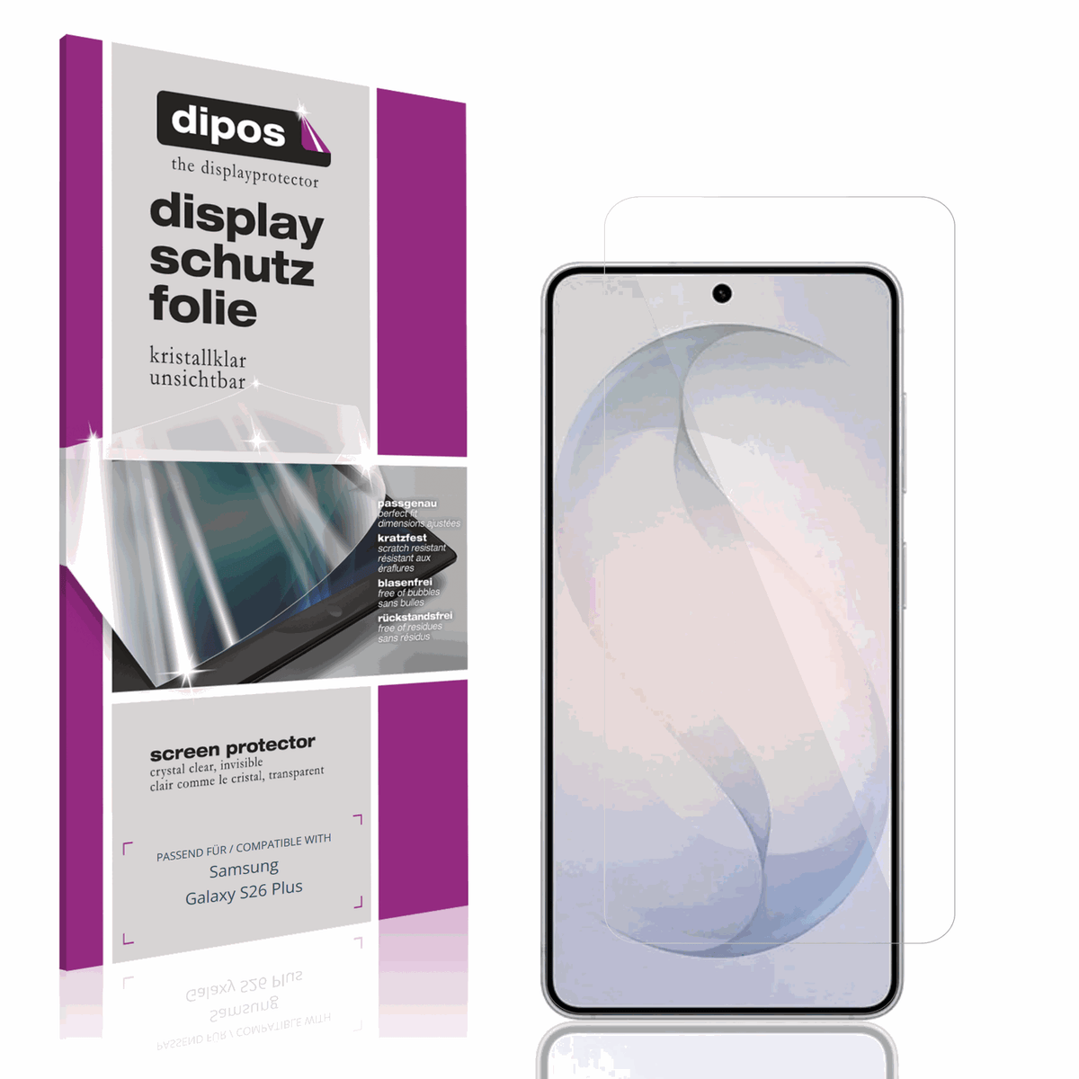 Klare Displayschutzfolie von dipos passend für Samsung Galaxy S26 Plus, präziser Zuschnitt und blasenfrei montiert