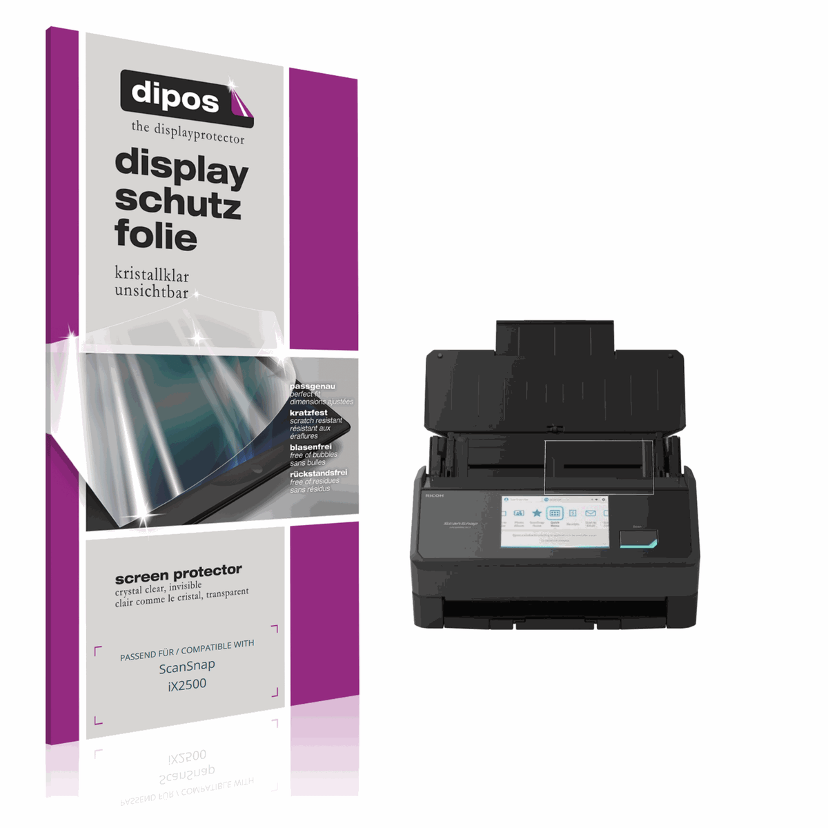 Klare Displayschutzfolie von dipos passend für ScanSnap iX2500, präziser Zuschnitt und blasenfrei montiert