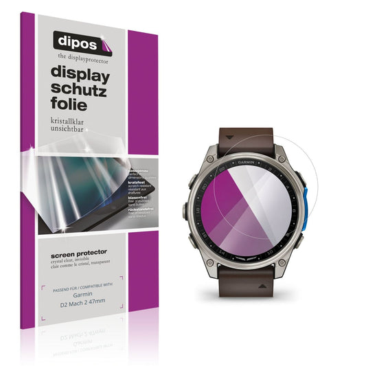 Klare Displayschutzfolie von dipos passend für Garmin D2 Mach 2 47mm, präziser Zuschnitt und blasenfrei montiert