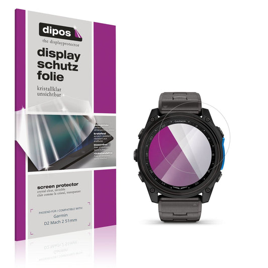 Klare Displayschutzfolie von dipos passend für Garmin D2 Mach 2 51mm, präziser Zuschnitt und blasenfrei montiert