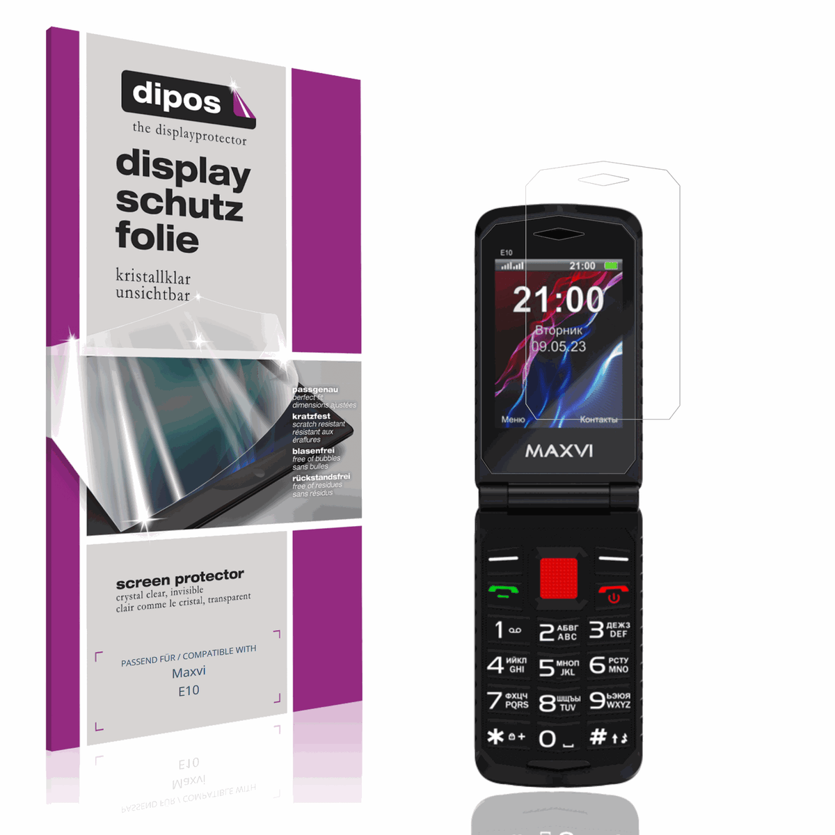 Klare Displayschutzfolie von dipos passend für Maxvi E10, präziser Zuschnitt und blasenfrei montiert
