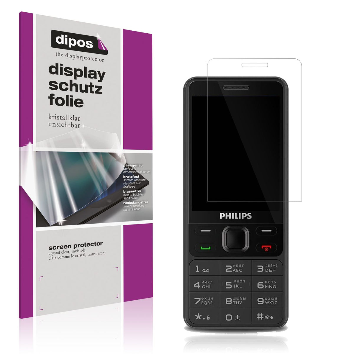Klare Displayschutzfolie von dipos passend für Philips Xenium E185, präziser Zuschnitt und blasenfrei montiert