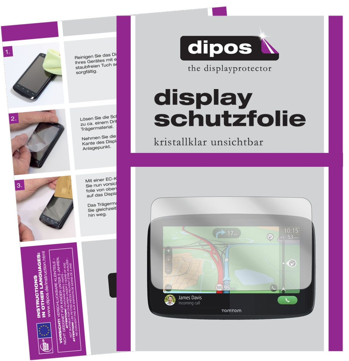 Klare Displayschutzfolie von dipos passend für TomTom GO Essential 6, präziser Zuschnitt und blasenfrei montiert