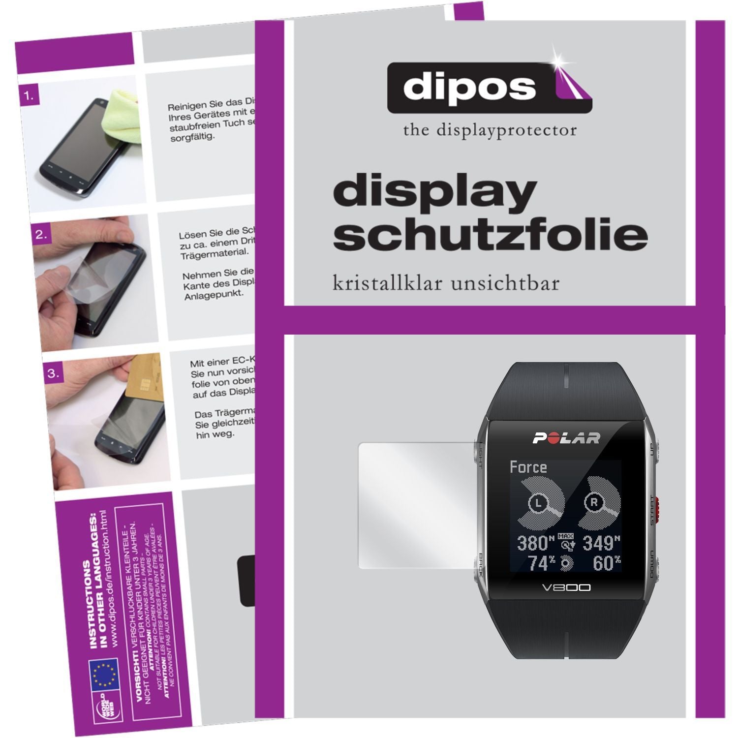 Klare Displayschutzfolie von dipos passend für Trainingscomputer V800 Polar, präziser Zuschnitt und blasenfrei montiert