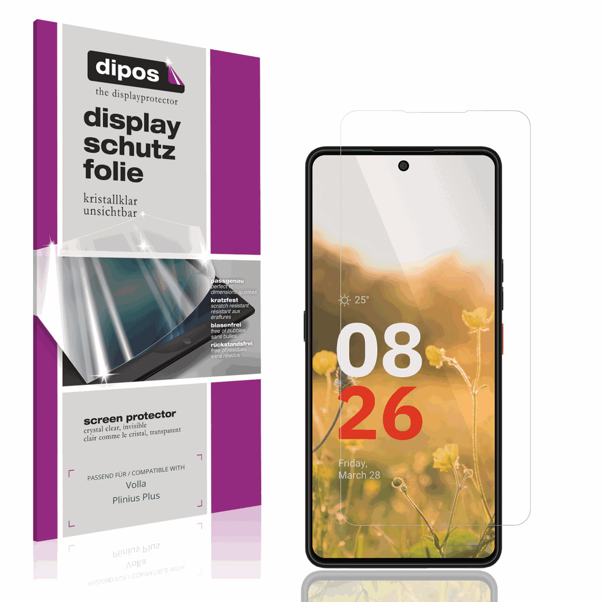 Klare Displayschutzfolie von dipos passend für Volla Plinius Plus, präziser Zuschnitt und blasenfrei montiert
