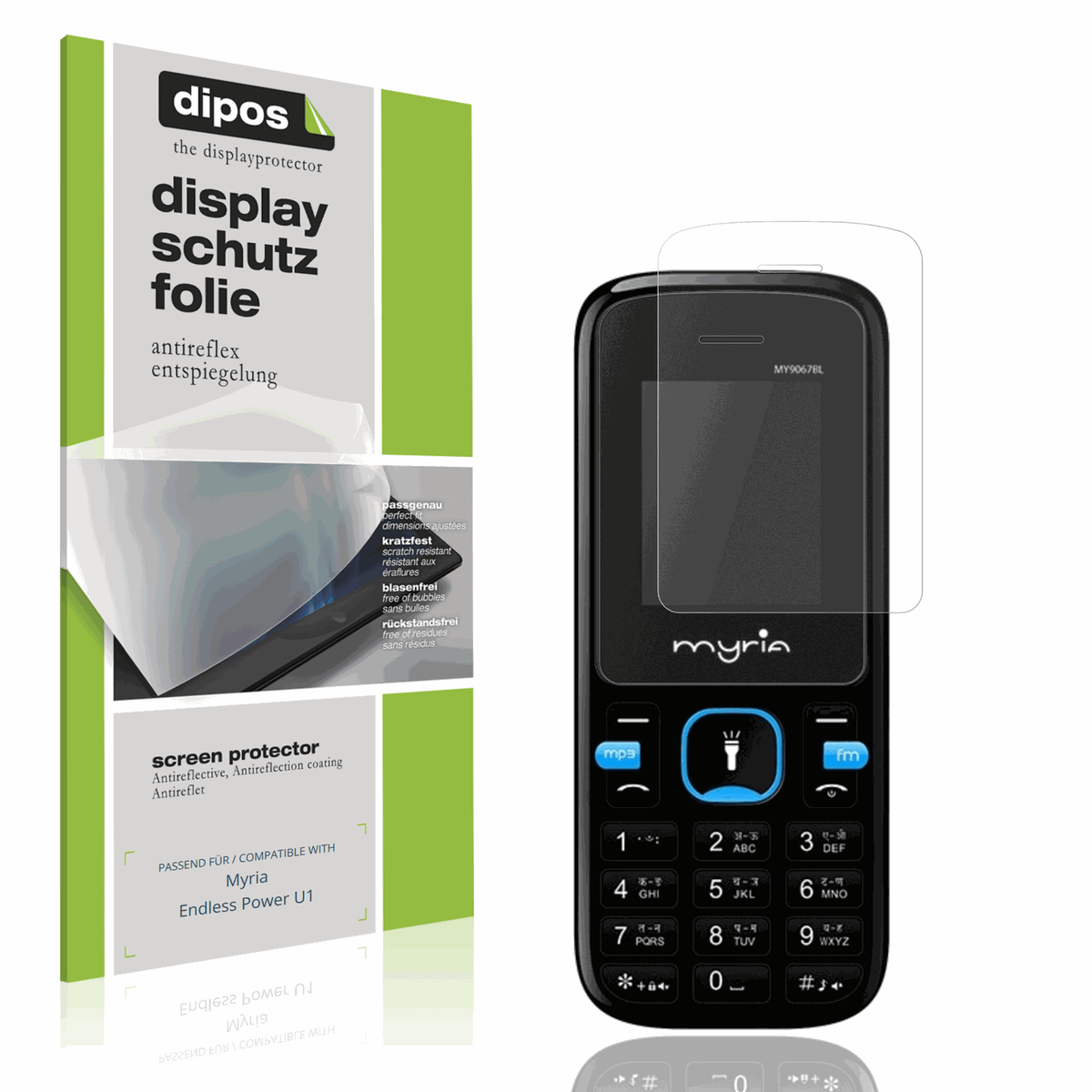 Matte Displayschutzfolie von dipos passend für Myria Endless Power U1, präziser Zuschnitt und blasenfrei montiert