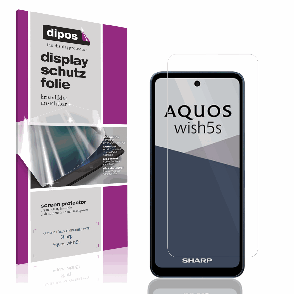 Klare Displayschutzfolie von dipos passend für Sharp Aquos wish5s, präziser Zuschnitt und blasenfrei montiert