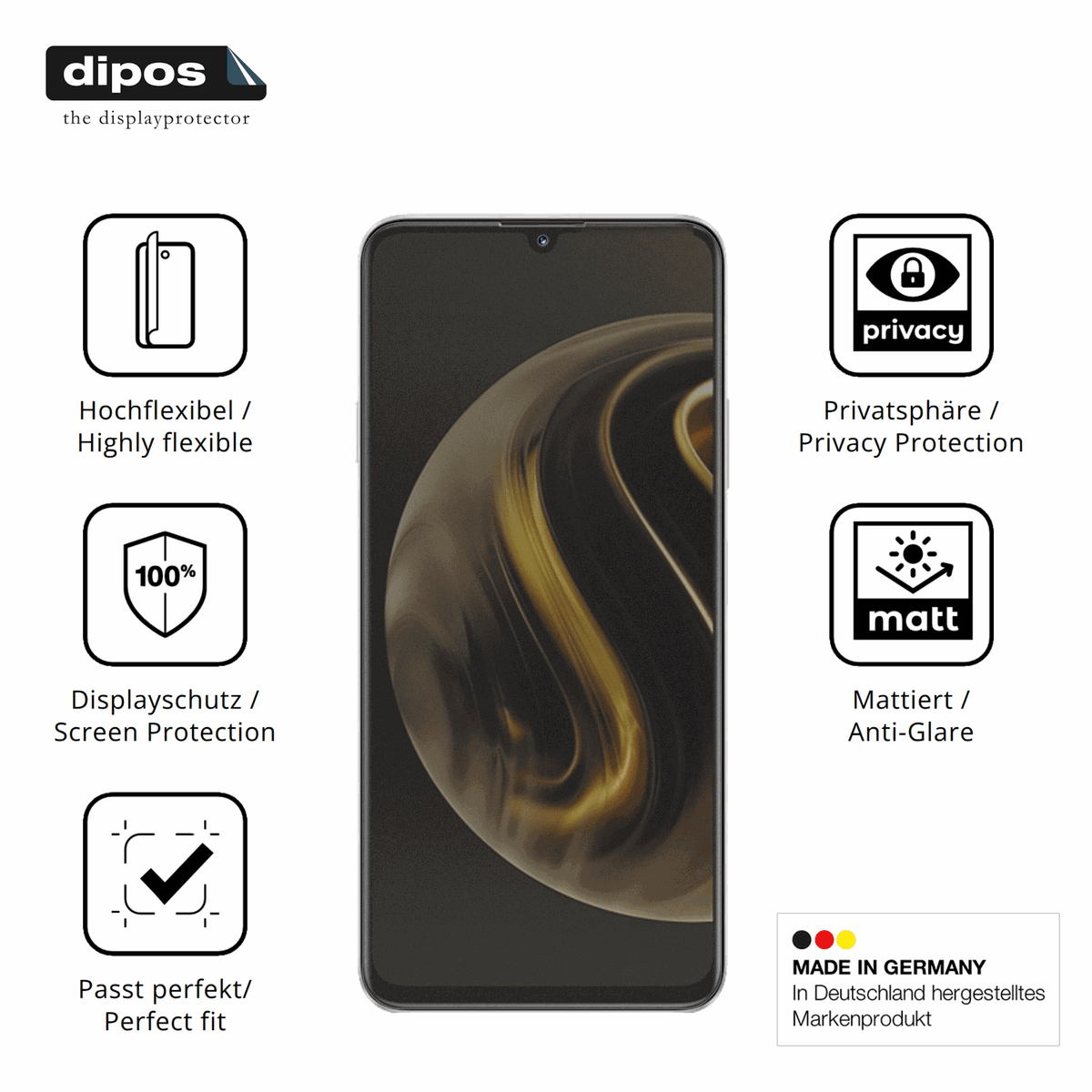 Flexible TPU-Folie passend zugeschnitten für Huawei Enjoy 70, mit Privatsphäre-Schutz durch Sichtschutz-Folie