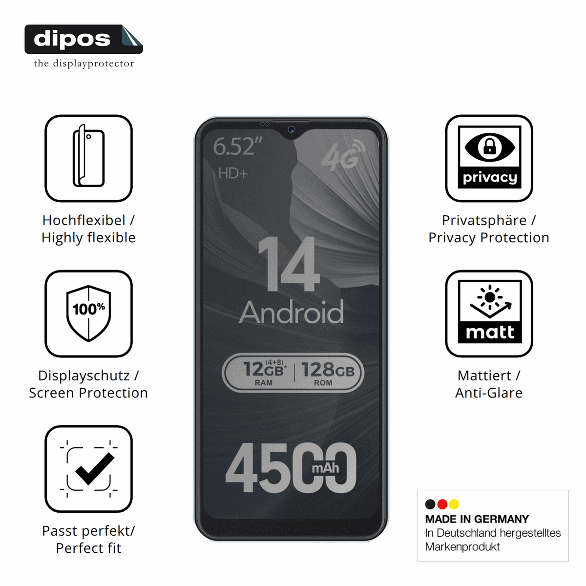 Flexible TPU-Folie passend zugeschnitten für invens Note TK02, mit Privatsphäre-Schutz durch Sichtschutz-Folie