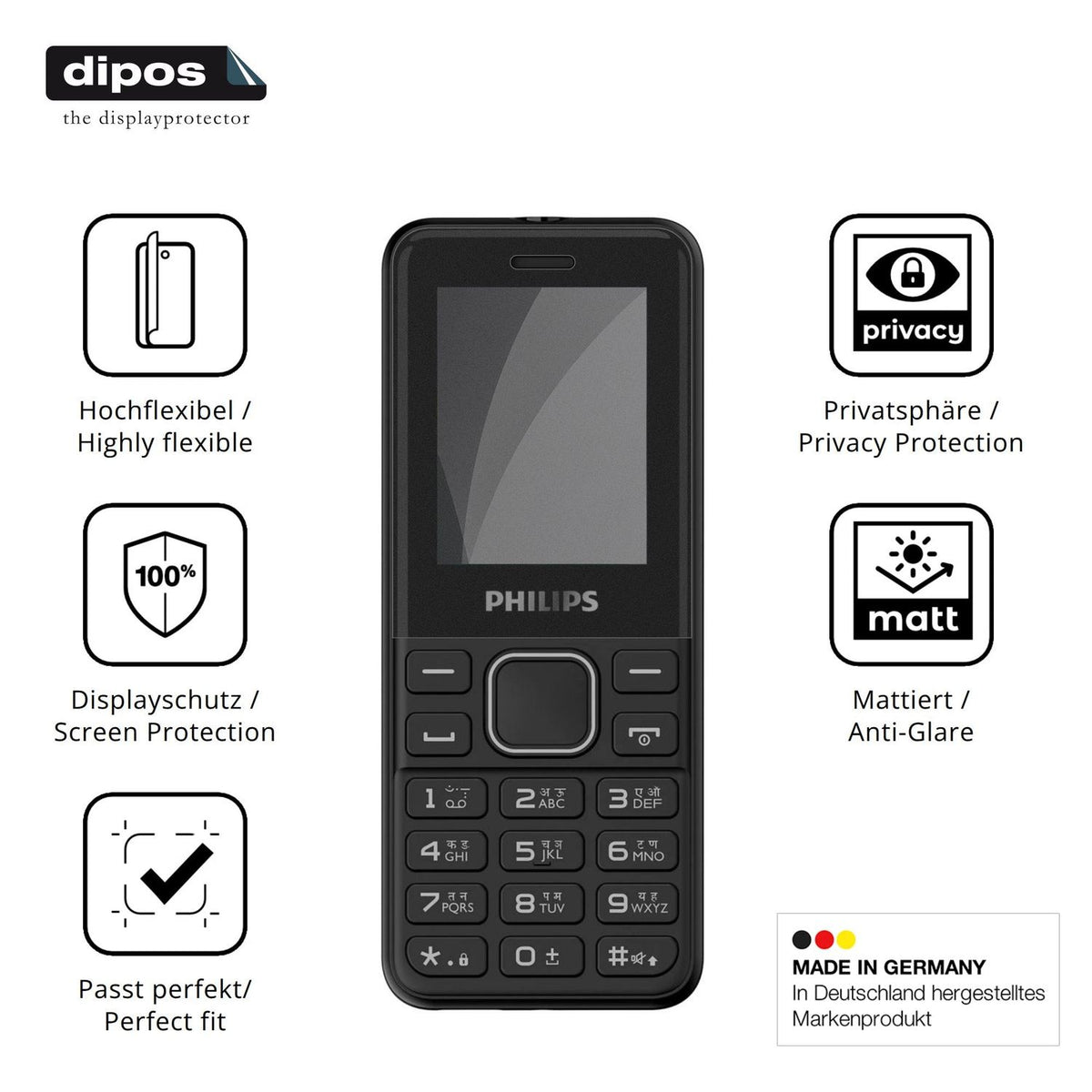 Flexible TPU-Folie passend zugeschnitten für Philips E2103, mit Privatsphäre-Schutz durch Sichtschutz-Folie
