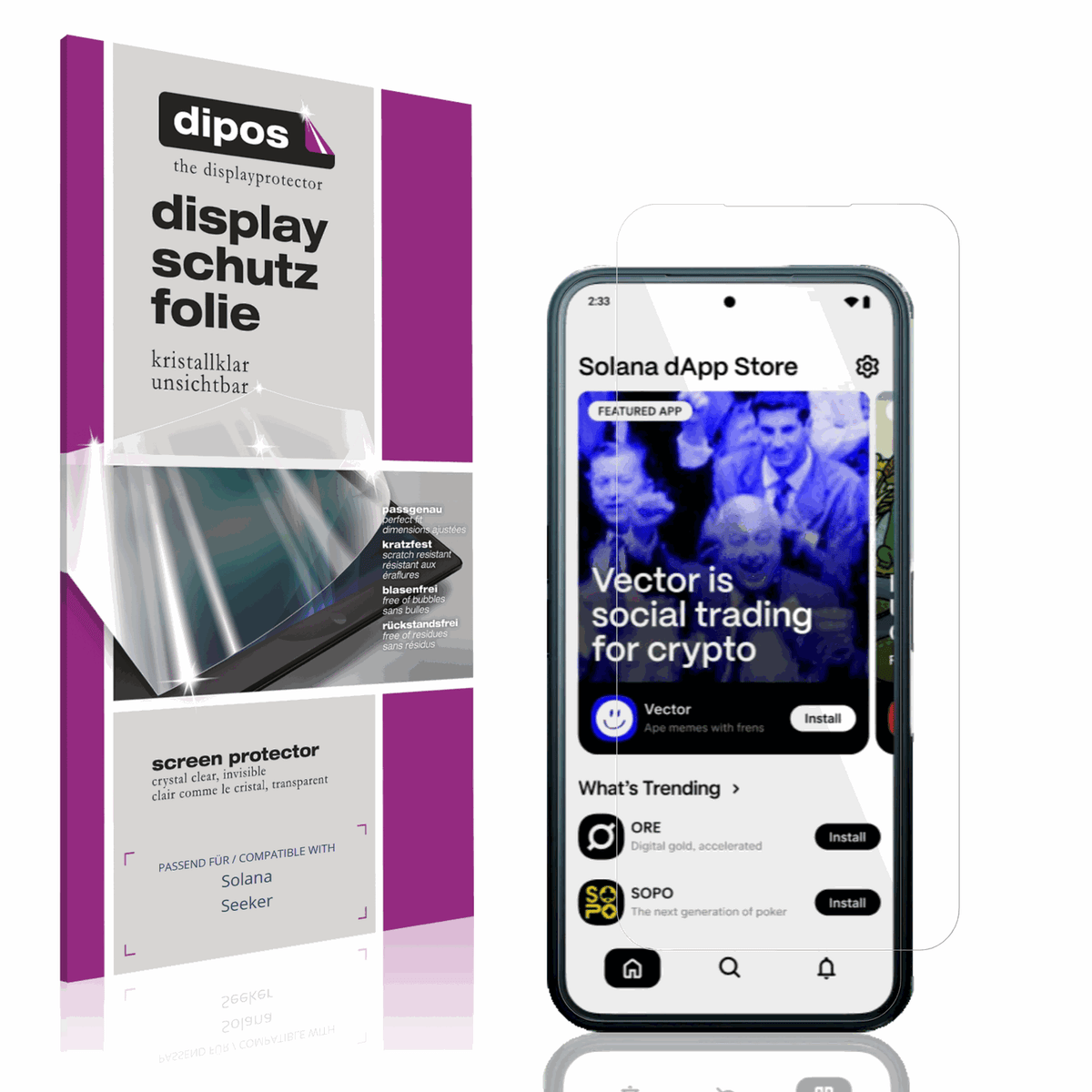 Klare Displayschutzfolie von dipos passend für Solana Seeker, präziser Zuschnitt und blasenfrei montiert