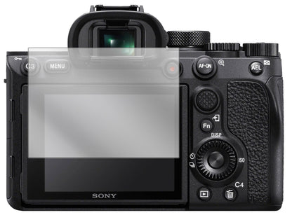 SonyA7R IV mit aufgebrachter dipos Displayschutzfolie, glasklare Darstellung ohne Einschränkungen
