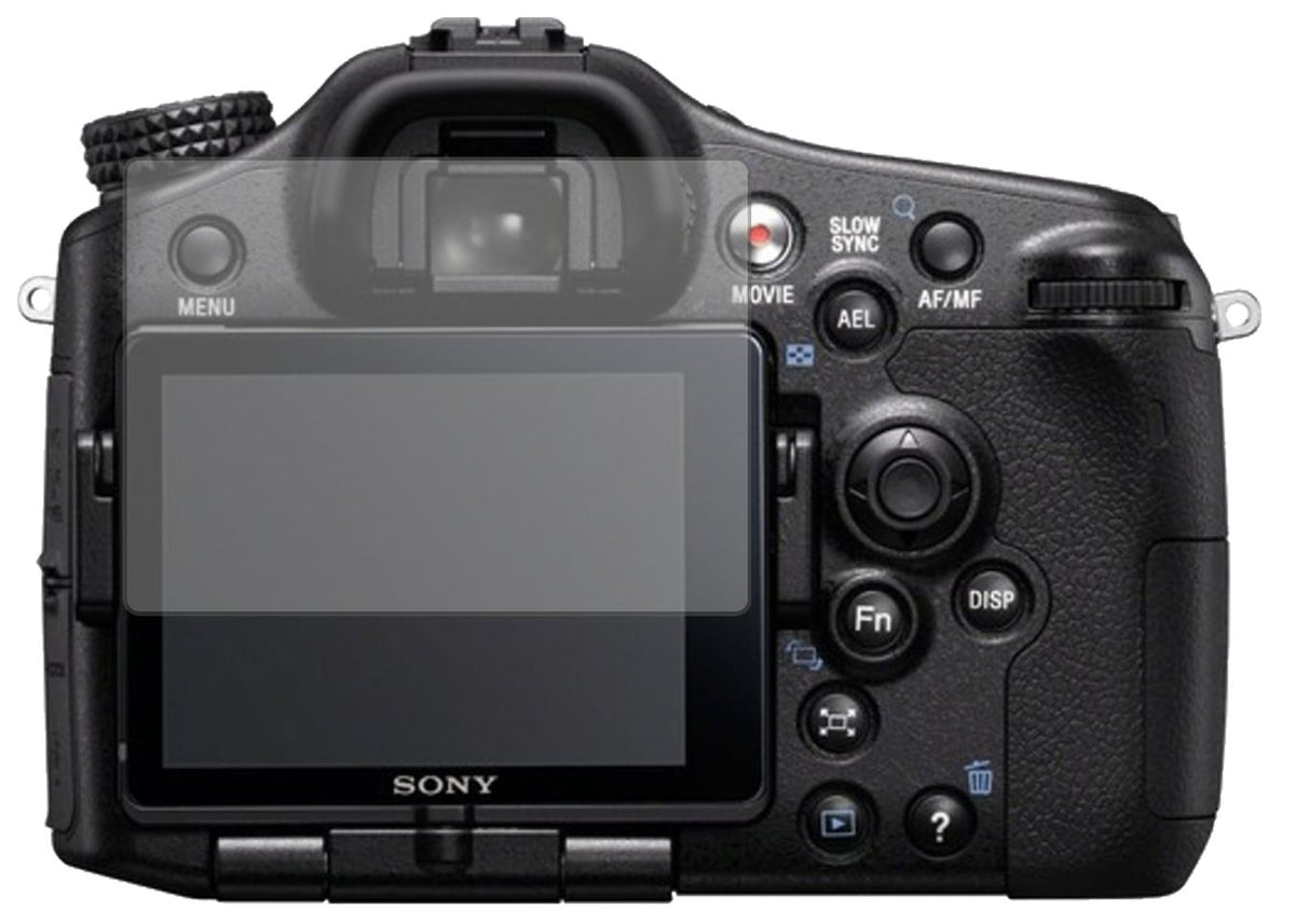 SonyAlpha 77 V mit aufgebrachter dipos Displayschutzfolie, die lästige Fingerabdrücke minimiert