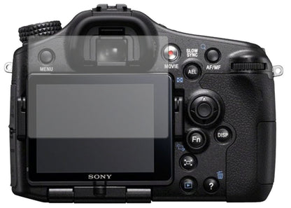 SonyAlpha 77 V mit aufgebrachter dipos Displayschutzfolie, die lästige Fingerabdrücke minimiert