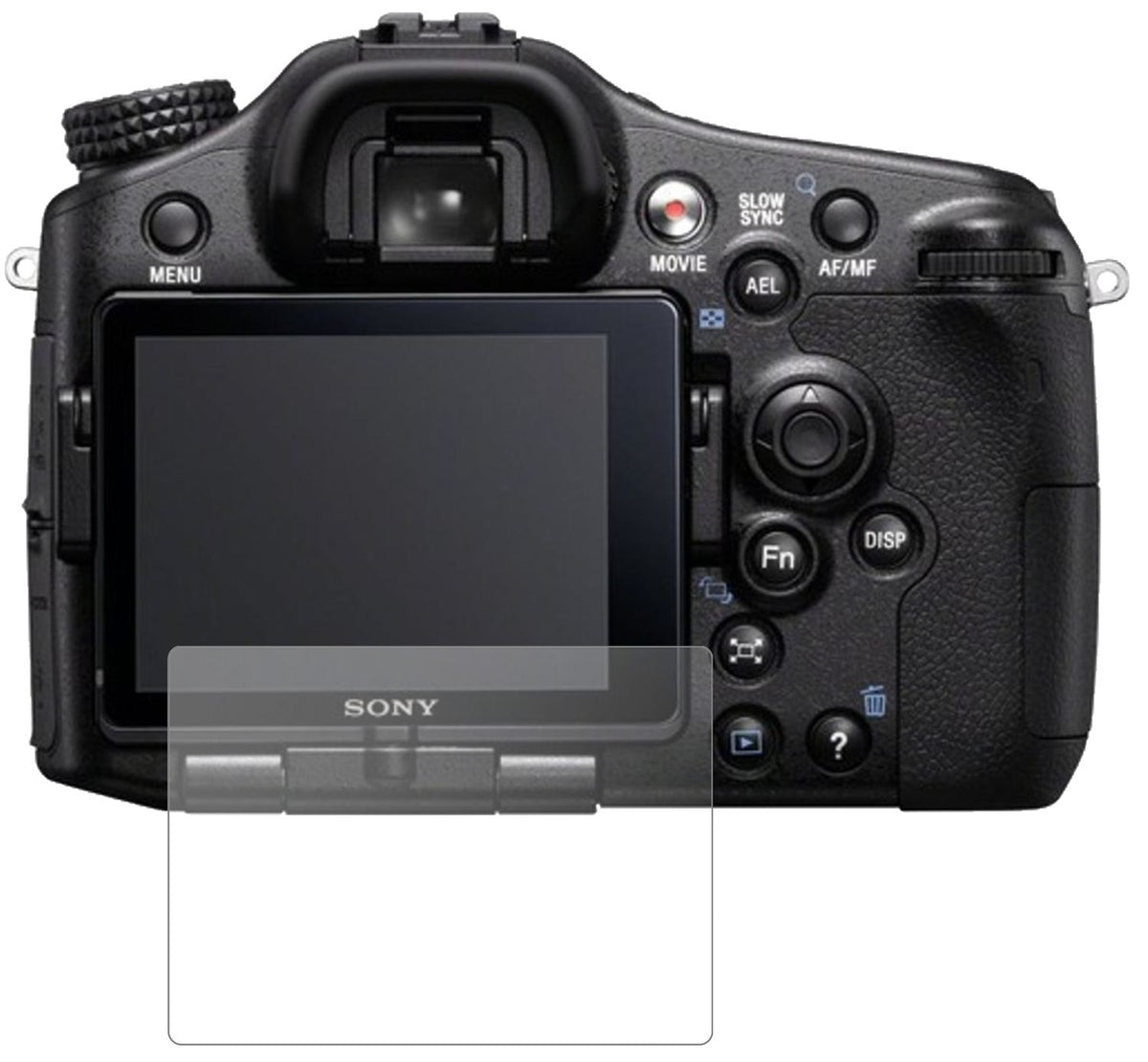 SonyAlpha 77 V mit aufgebrachter dipos Panzerfolie, die lästige Fingerabdrücke minimiert