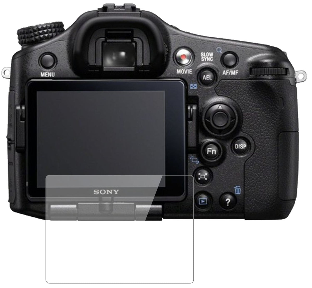 SonyAlpha 77 V mit aufgebrachter dipos Flex Schutzfolie, glasklare Darstellung ohne Einschränkungen
