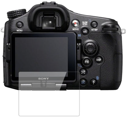 SonyAlpha 77 V mit aufgebrachter dipos Flex Schutzfolie, glasklare Darstellung ohne Einschränkungen