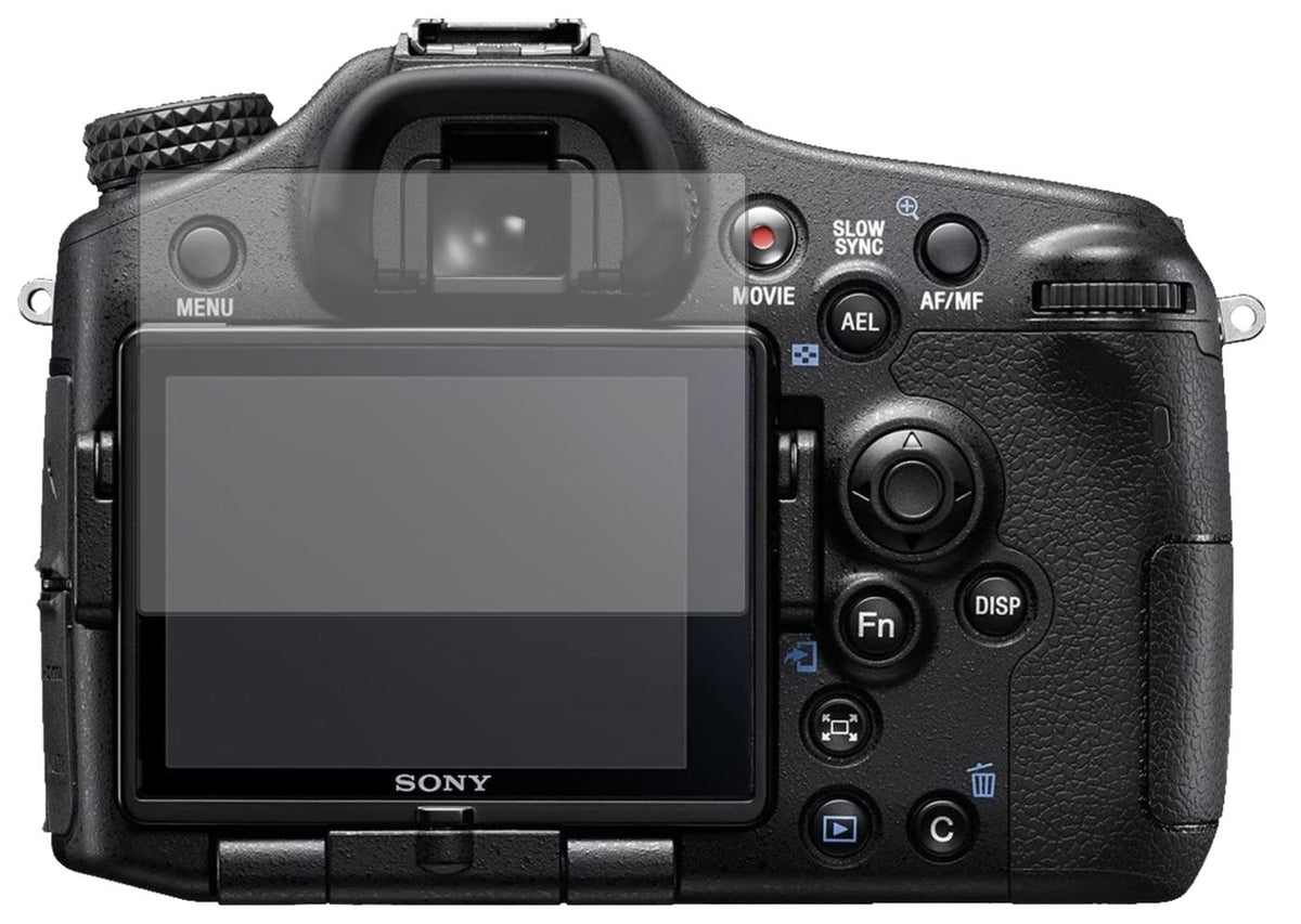 SonyAlpha 77 II mit aufgebrachter dipos Displayschutzfolie, die lästige Fingerabdrücke minimiert