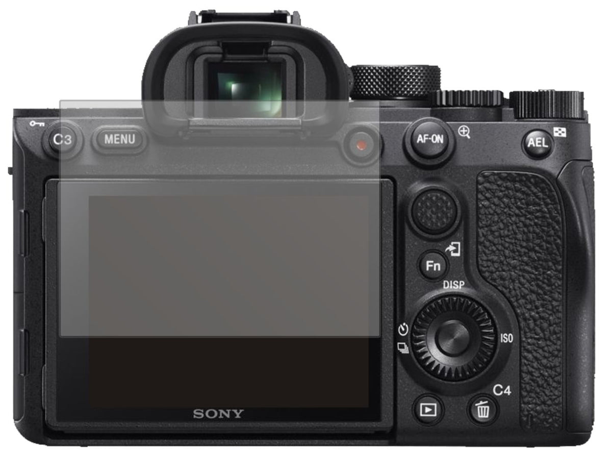 SonyAlpha 7 IV mit aufgebrachter dipos Displayschutzfolie, die lästige Fingerabdrücke minimiert