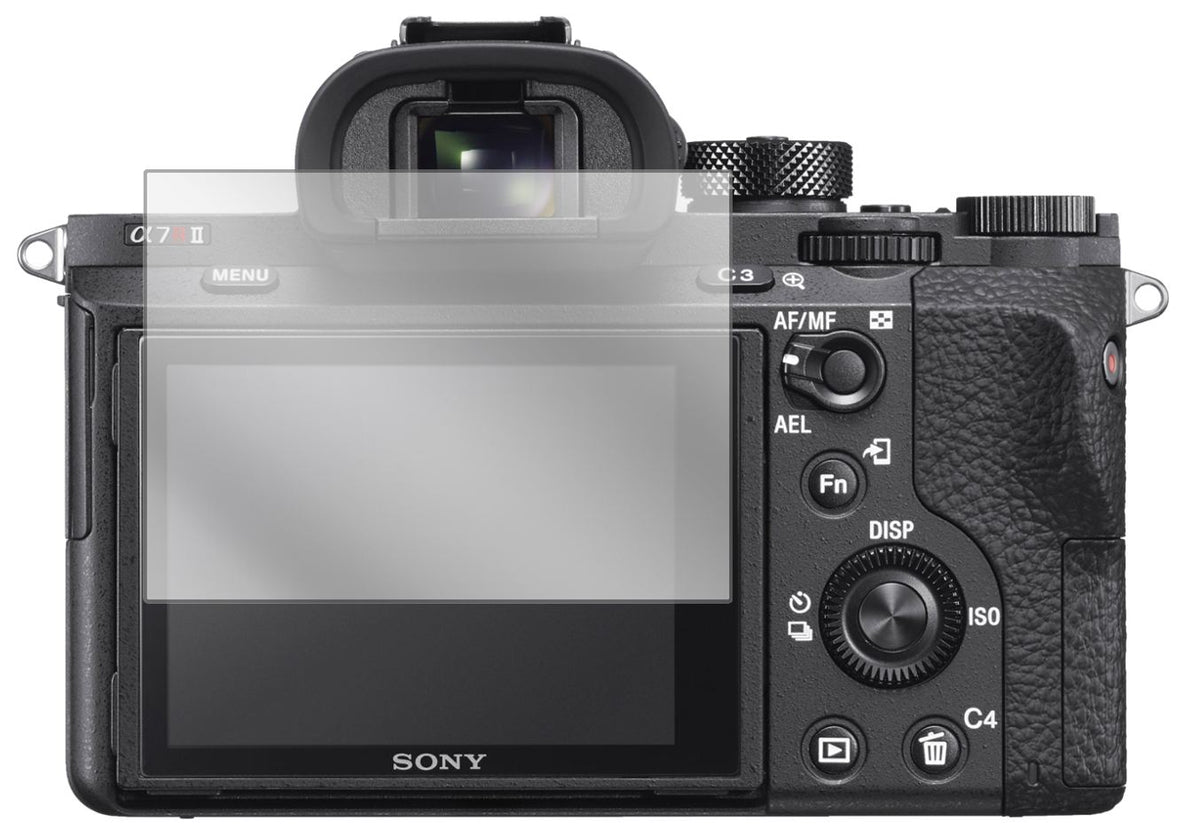 SonyAlpha 7R II mit aufgebrachter dipos Displayschutzfolie, glasklare Darstellung ohne Einschränkungen