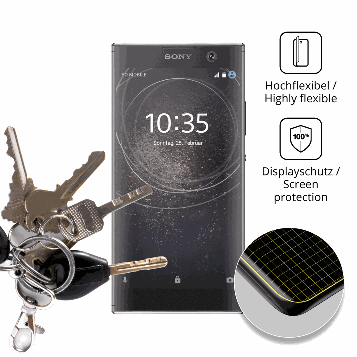 dipos Displayschutz für Sony Xperia XA2, transparente Oberfläche, perfekte Passform auch für die Rundungen