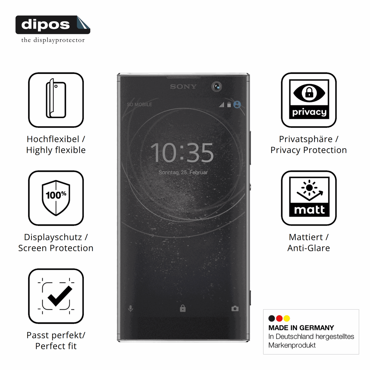 Flexible TPU-Folie passend zugeschnitten für Sony Xperia XA2, mit Privatsphäre-Schutz durch Sichtschutz-Folie