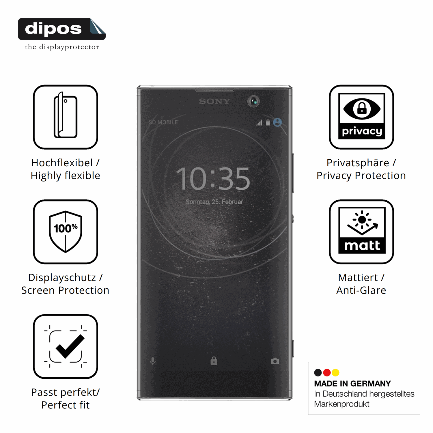 Flexible TPU-Folie passend zugeschnitten für Sony Xperia XA2, mit Privatsphäre-Schutz durch Sichtschutz-Folie