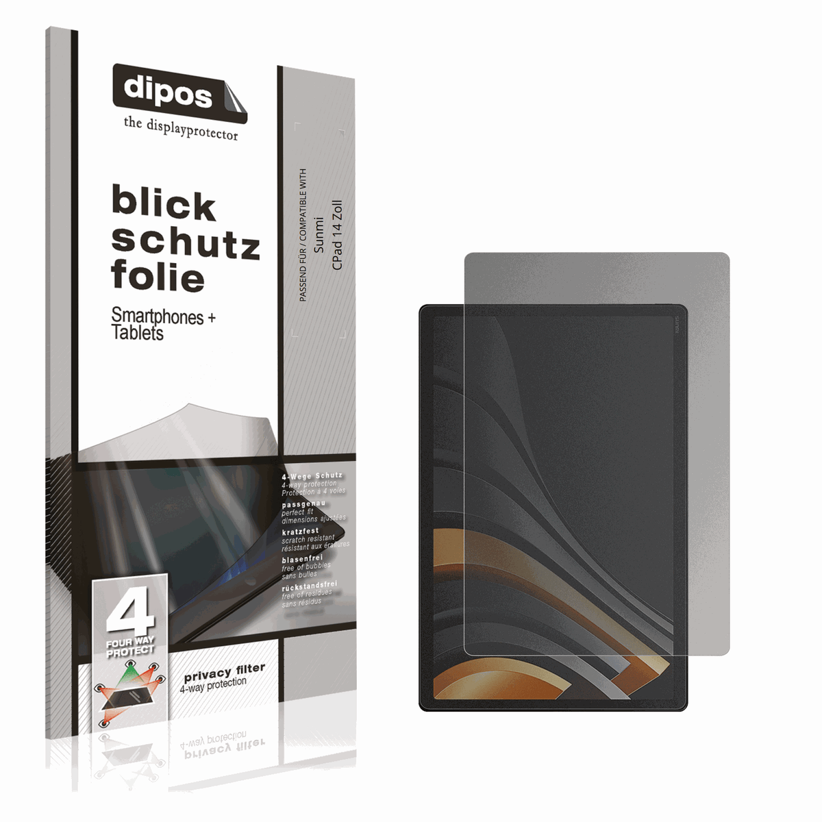 Blickschutzfolie von dipos passend für Sunmi CPad 14 Zoll, präziser Zuschnitt und blasenfrei montiert