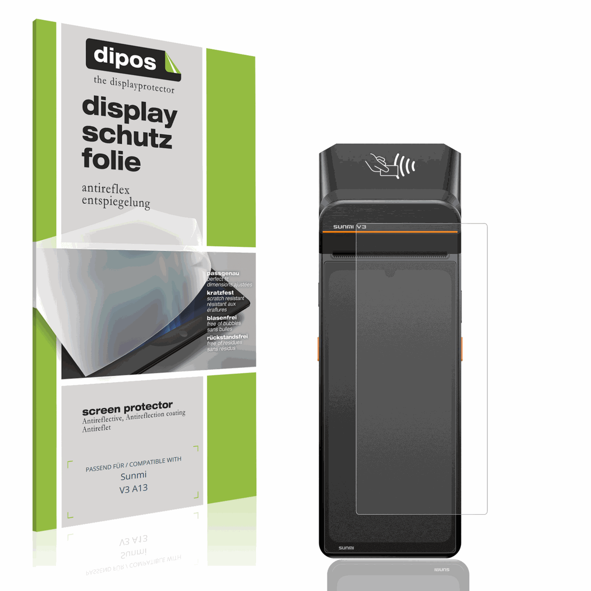 Matte Displayschutzfolie von dipos passend für Sunmi V3 A13, präziser Zuschnitt und blasenfrei montiert