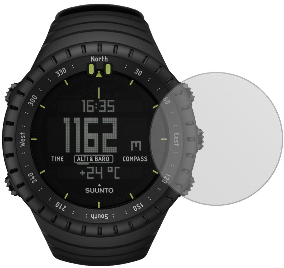 SuuntoCore mit aufgebrachter dipos Displayschutzfolie, die lästige Fingerabdrücke minimiert