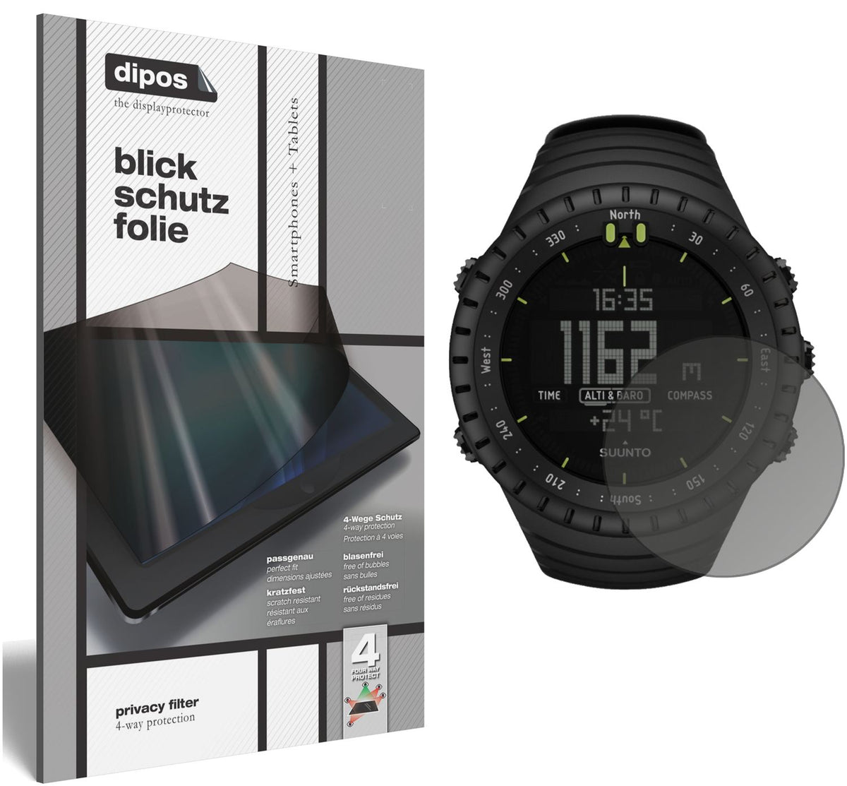 Blickschutzfolie von dipos passend für Suunto Core, präziser Zuschnitt und blasenfrei montiert