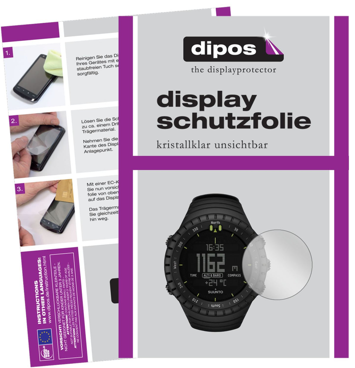Klare Displayschutzfolie von dipos passend für Suunto Core, präziser Zuschnitt und blasenfrei montiert
