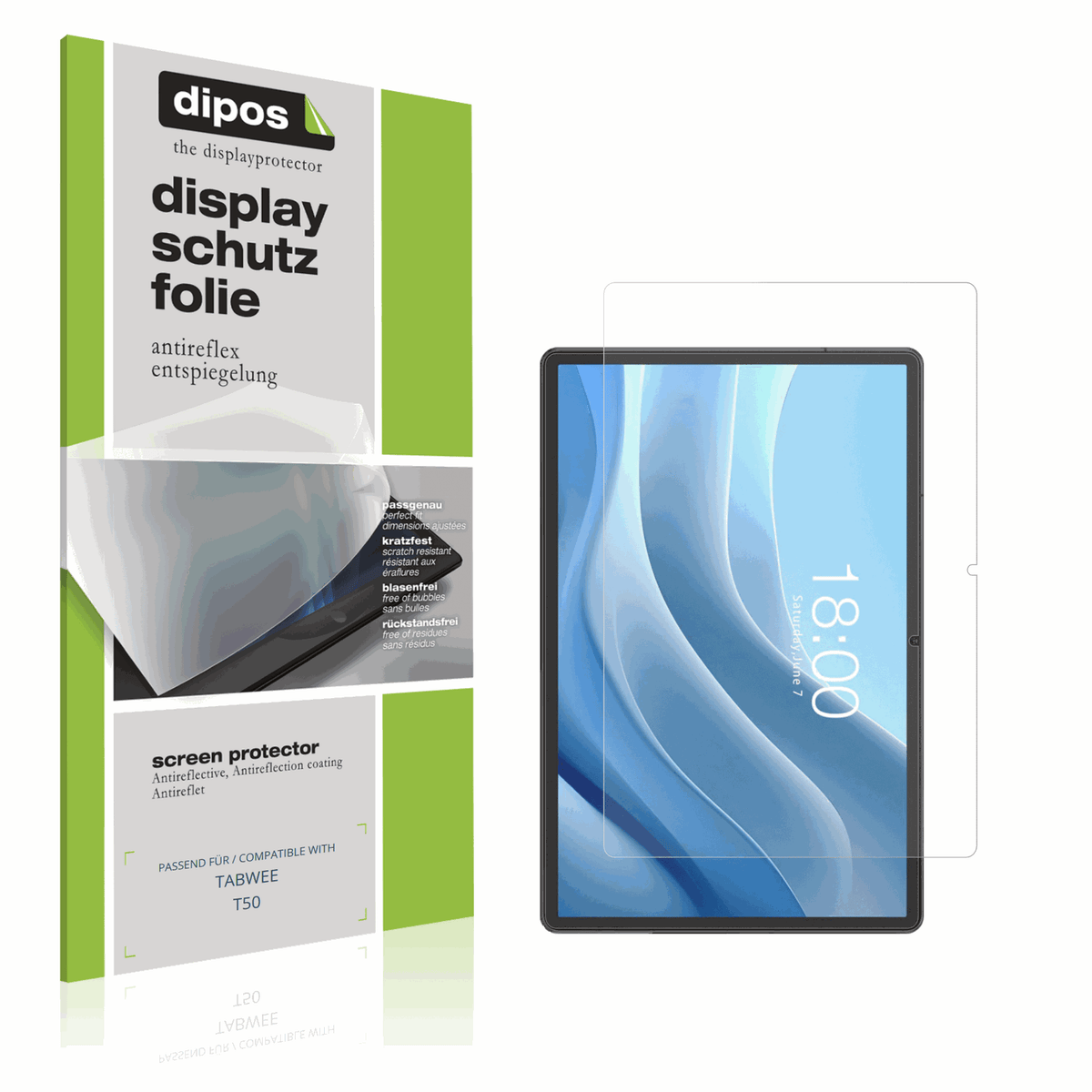Matte Displayschutzfolie von dipos passend für TABWEE T50, präziser Zuschnitt und blasenfrei montiert