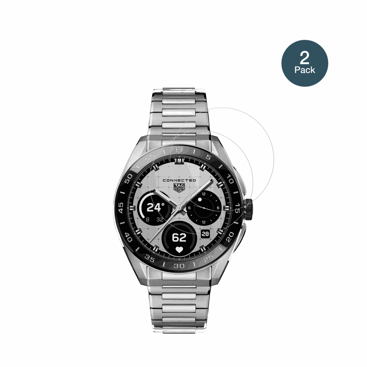 tagheuer connected calibre e5 mit aufgebrachter dipos Flex Schutzfolie, glasklare Darstellung ohne Einschränkungen
