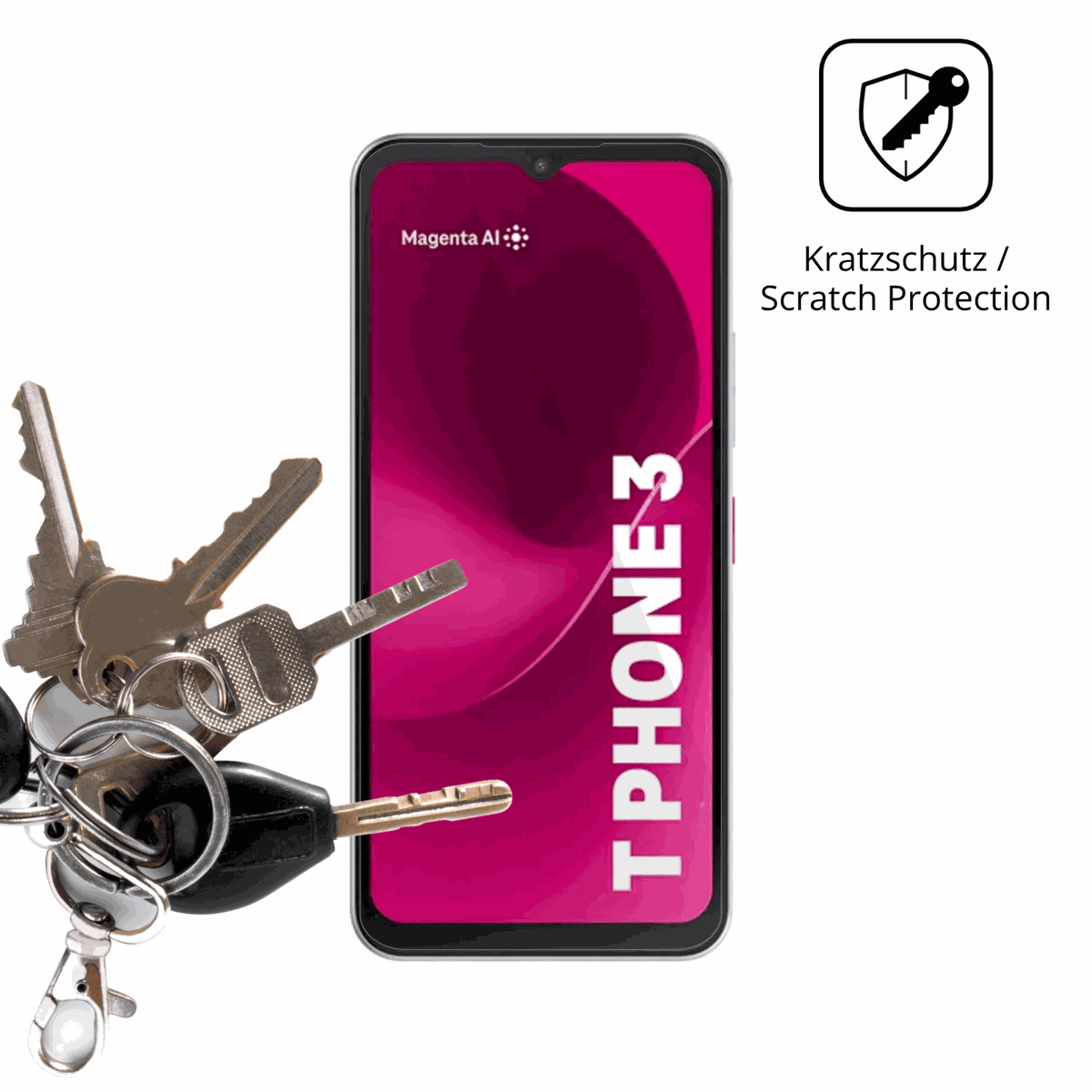 Schutz gegen Kratzer auf dem Telekom T Phone 3 Pro Glas durch Schlüssel oder Ähnliches