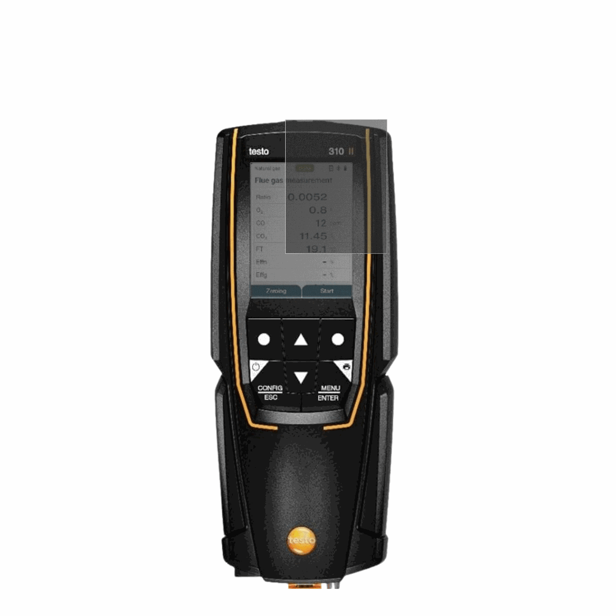 Testo310 2. Gen mit aufgebrachtem dipos Displayschutz, der seitliche Einblicke blockiert