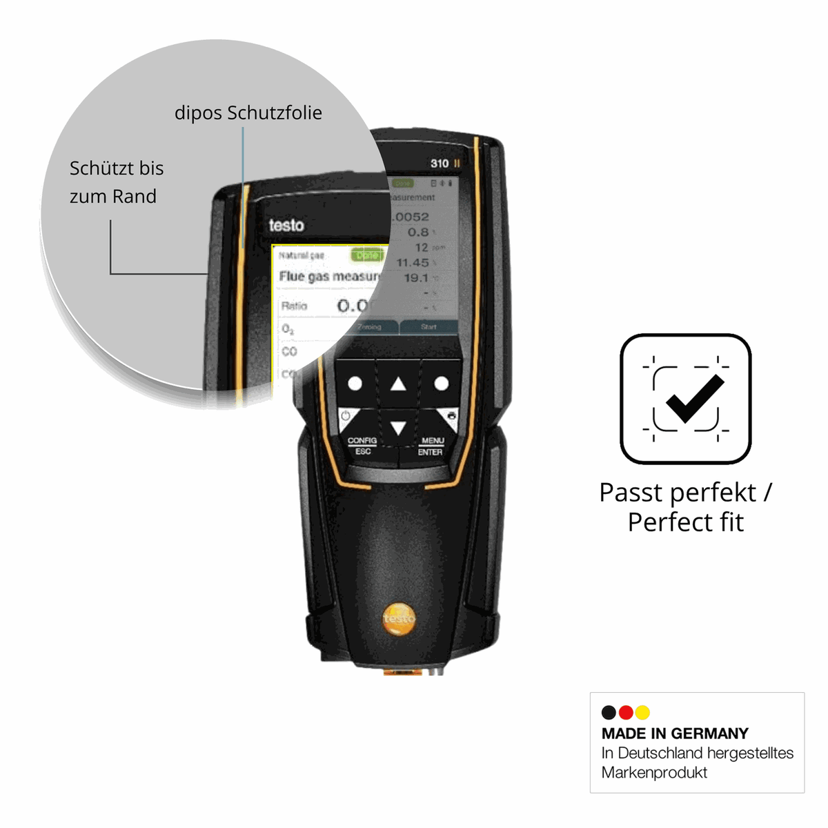 Schutz gegen Kratzer auf dem Testo 310 2. Gen Glas durch Schlüssel oder Ähnliches