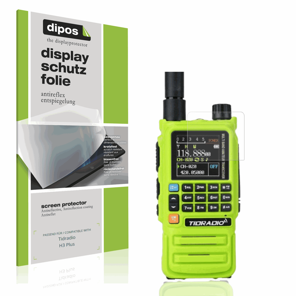 Matte Displayschutzfolie von dipos passend für tidradioh3 plus, präziser Zuschnitt und blasenfrei montiert