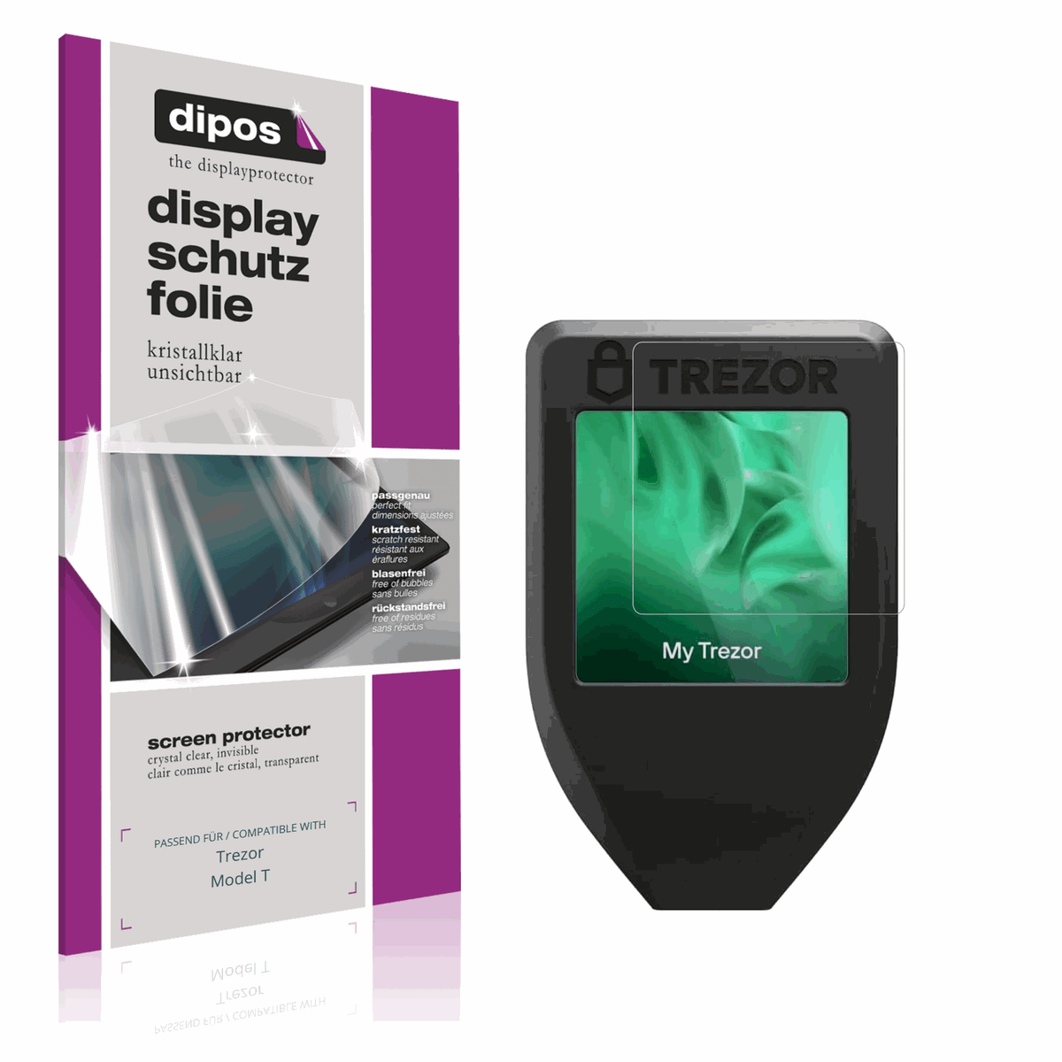 Klare Displayschutzfolie von dipos passend für Trezor Model T, präziser Zuschnitt und blasenfrei montiert