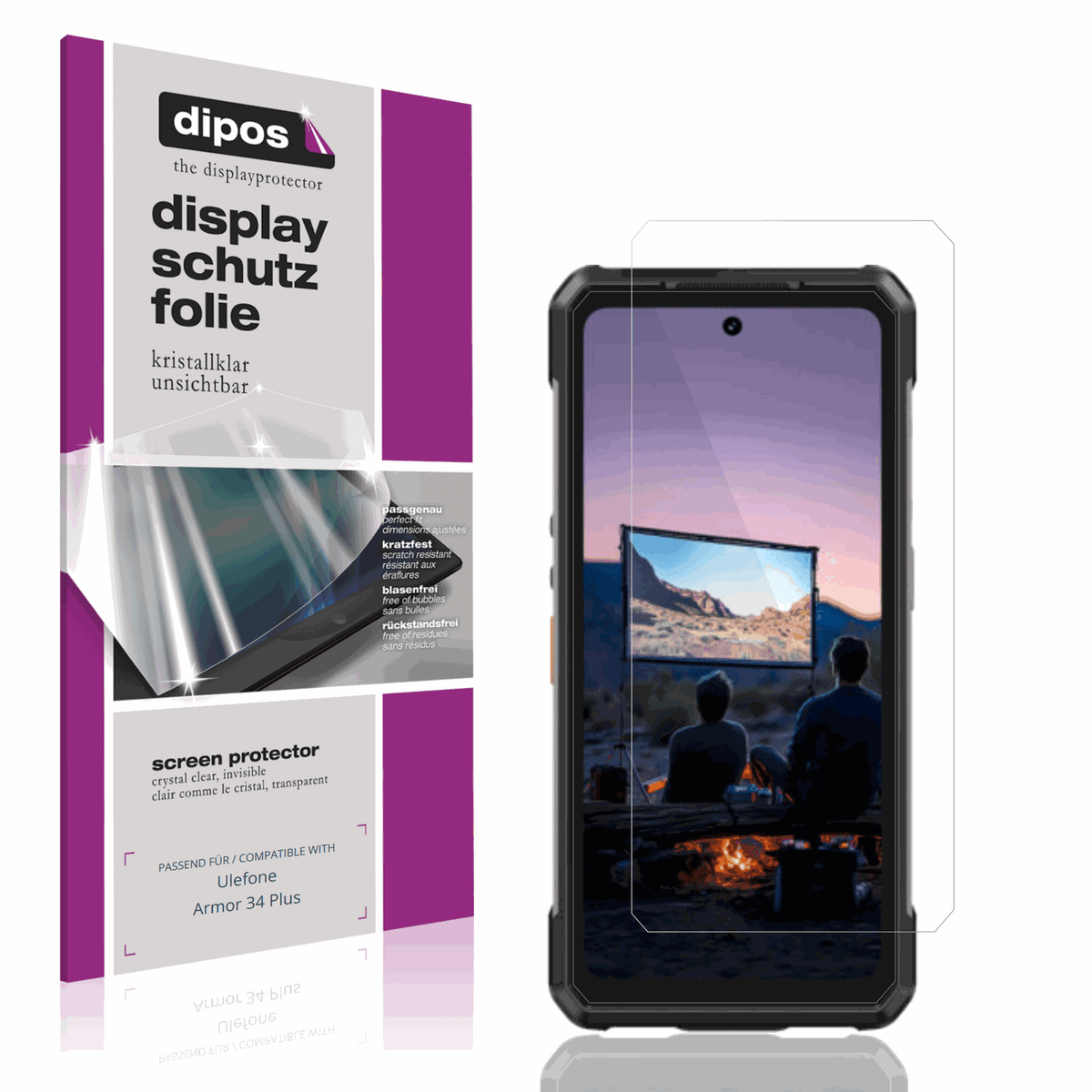 Klare Displayschutzfolie von dipos passend für Ulefone Armor 34 Plus, präziser Zuschnitt und blasenfrei montiert
