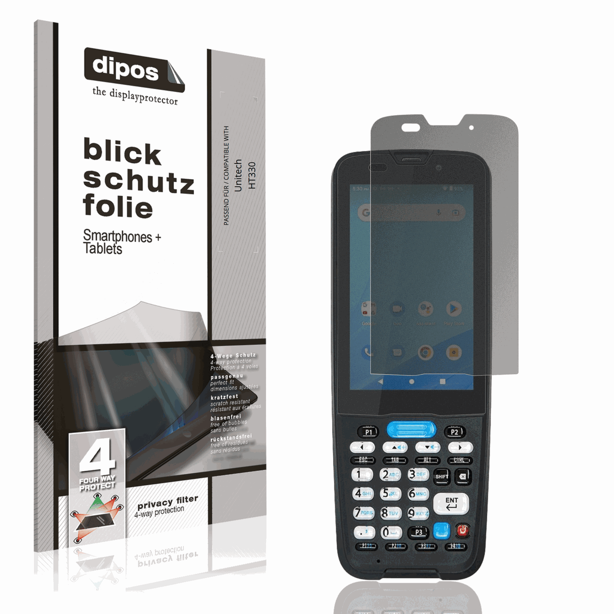 Blickschutzfolie von dipos passend für Unitech HT330, präziser Zuschnitt und blasenfrei montiert