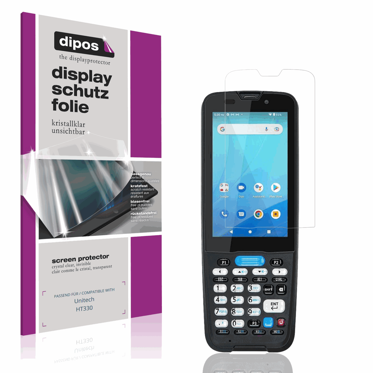 Klare Displayschutzfolie von dipos passend für Unitech HT330, präziser Zuschnitt und blasenfrei montiert