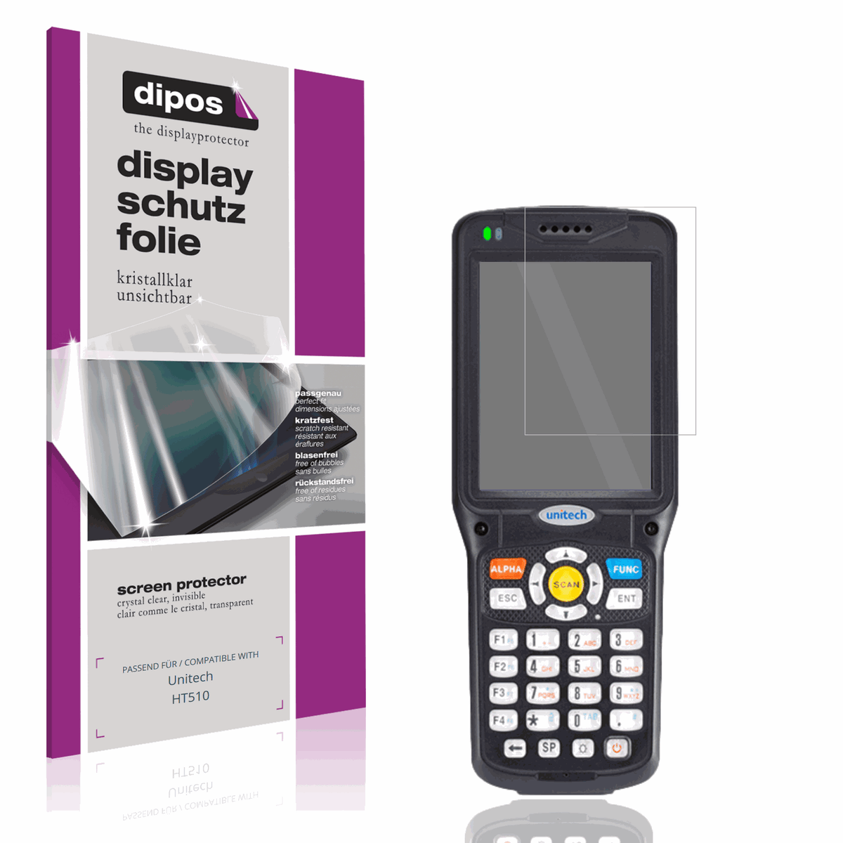 Klare Displayschutzfolie von dipos passend für Unitech HT510, präziser Zuschnitt und blasenfrei montiert
