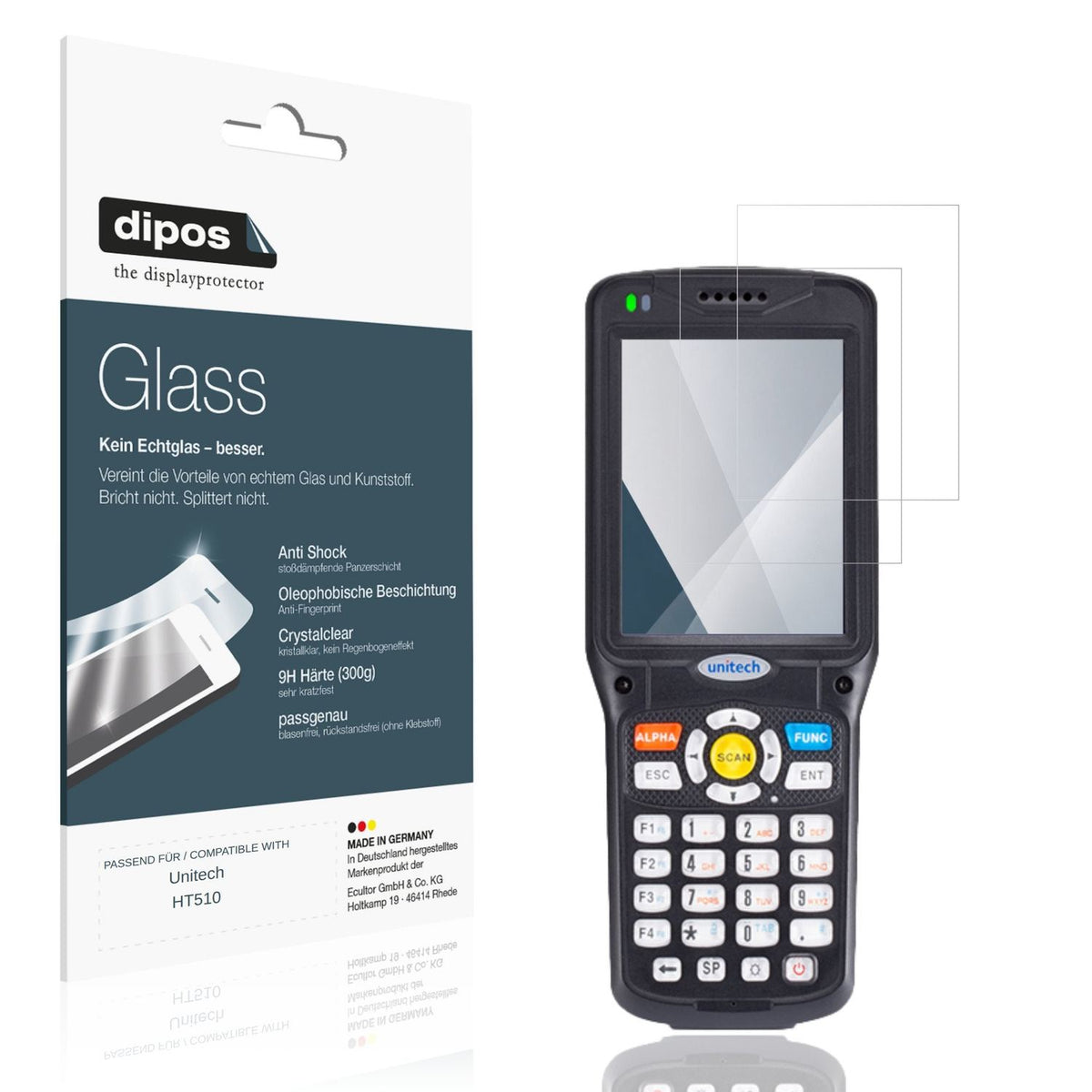 Klare Displayschutzfolie von dipos passend für Unitech HT510, 9H kratzfest und blasenfrei montiert