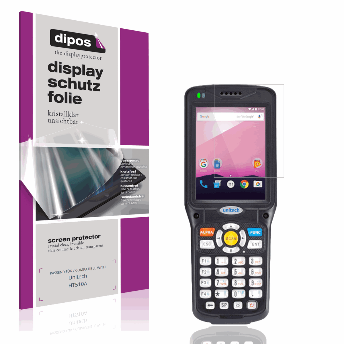 Klare Displayschutzfolie von dipos passend für Unitech HT510A, präziser Zuschnitt und blasenfrei montiert